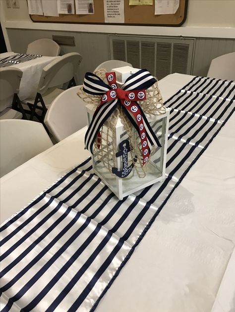 Nautical center pieces Sailor Centerpieces, Nautical Centerpiece Ideas, Boy Baptism Centerpieces, Nautical Baby Shower Boy, Nautical Centerpiece, Sailor Baby Showers, Nautical Bridal Showers, Nautical Birthday Party, Nautical Themed Party