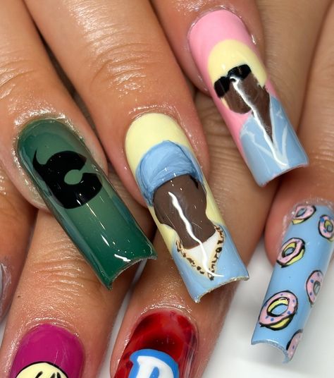 A few Tyler albums 💿🏕️🍩✏️🌅🎵✨ #campfloggnaw #tylerthecreator #nailart #londonnails Cherry Bomb Tyler The Creator Nails, Tyler The Creator Nail Ideas, Tyler The Creator Inspired Nails, Tyler The Creator Nails, Album Nails, Wolf Tyler, Concert Nails, Hard Nails, Short Acrylic