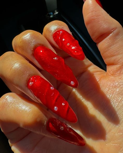 satin red 3d polygel nails 🌹❣️full polygel tutorial is now up on my youtube: doperthanyournails and linked in my profile🎨 Polygel Tutorial, Nail Inspo Almond, Nails With Pearls, Nails Polygel, Nails Pearl, Vday Nails, Nail Art 3d, Nails 3d, Polygel Nails