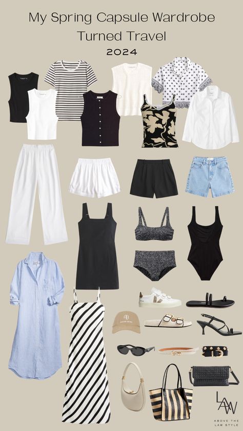 Spring/Summer Travel Capsule Wardrobe 2024 - Above The L.A.W. Style Summer Travel Capsule Wardrobe, Summer Travel Capsule, Travel Capsule Wardrobe Summer, Minimalist Wardrobe Capsule, Holiday Capsule Wardrobe, Capsule Wardrobe Casual, Capsule Wardrobe Essentials, Travel Capsule, Spring Capsule