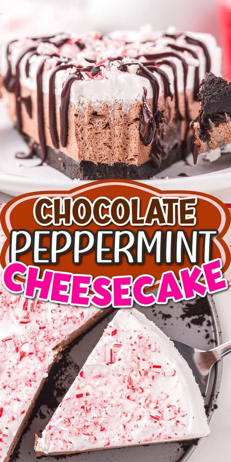 No Bake Chocolate Peppermint Cheesecake, Easy Peppermint Cheesecake, Christmas Desserts With Cream Cheese, Peppermint Chocolate Cheesecake, No Bake Peppermint Cheesecake, Chocolate Peppermint Cheesecake, Holiday Cheesecake Recipes, Peppermint Bark Cheesecake, Holiday Cheesecake