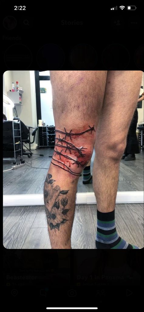 Wire Knee Tattoo, Barbed Wire Tattoo Around Leg, Barb Wire, Knee Tattoo, Tattoos, Quick Saves