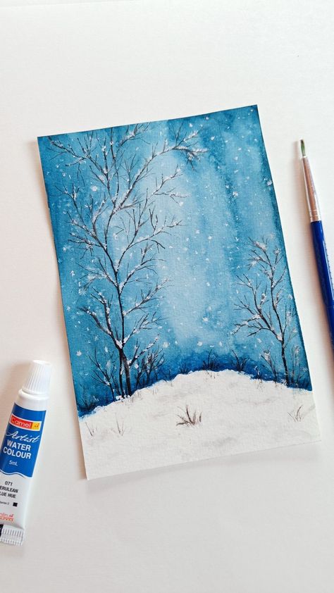 Winter Landscape Painting Watercolor Easy, Snow Drawing Easy, Watercolor Christmas Cards Diy, Easy Christmas Drawings, Landscape Painting Watercolor, January Activities, Painted Cards, Winter Landscapes, Winter Landscape Painting