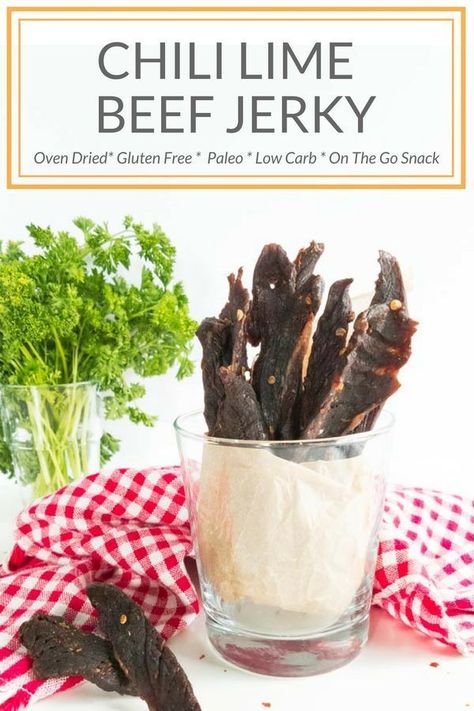 Oven Baked Chili Lime Beef Jerky- Gluten free on the go, low-carb high protein snack. Great for hiking or at the pool. Perfect summer snack that you can make in your oven without a dehydrator. #glutenfree #snack #beefjerky #lowcarb #keto #paleo #ovenbaked Gluten Free On The Go, Baked Chili, High Protein Low Carb Snacks, Gluten Free Recipes Appetizers, High Protein Snack, Healthy Protein Snacks, Gluten Free Appetizers, Protein Snack, Keto Friendly Desserts