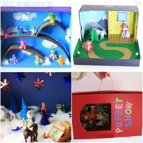 Creative Ideas to Make with Cardboard Shoe Boxes - In The Playroom Shoes Box Design Ideas, Shoe Box Art, Shoe Box Diorama, Box Design Ideas, Shoe Box Diy, Shoe Box Crafts, Creative Ideas To Make, Cardboard Box Crafts, Cardboard Toys