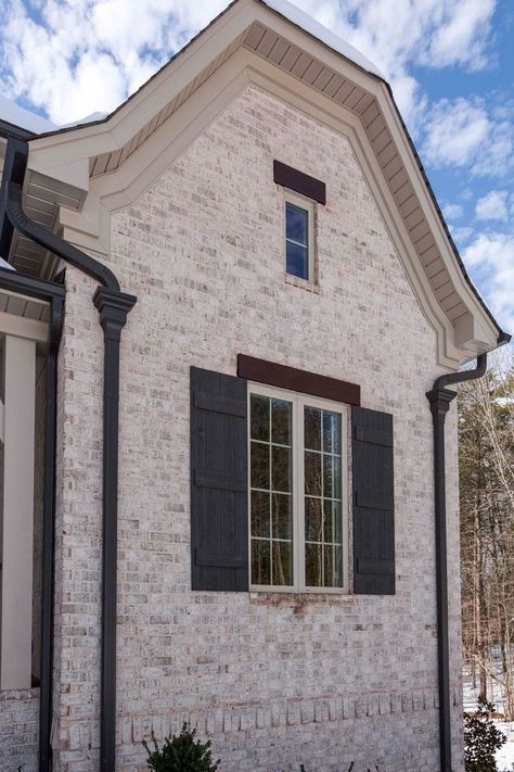 Beige House Exterior, Arched Window Treatments, Renovation Exterior, Tudor Home, White Grout, Contemporary Exterior, Brick Exterior House, Tudor House, Brick Walls