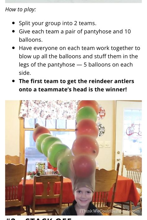 Pantyhose Reindeer Balloon Game, Fun Games For Xmas Party, Reindeer Panty Hose Game, Friendsmas Party Ideas Kids, Christmas Party Competition Games, Competitive Christmas Games, Company Christmas Party Ideas Games, Fun Things To Do At A Christmas Party, Family Christmas Olympics