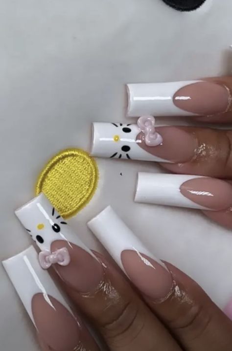 Tapered Square Nails Hello Kitty, Hello Kitty Nails No Charms, Hello Kitty Stiletto Nails, Helooo Kitty Nails, Acrylic Nails Oval, Hello Kitty Acrylic Nails, Paznokcie Hello Kitty, Hello Kitty Nail, Tan Nails