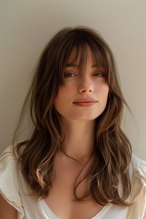 40+ Haircuts With Bangs That'll Make You Want To Call Your Stylist ASAP - Flo's Blog Layers Hair With Fringe, Haircut Square Face Long, Brown Haircut With Bangs, French Wispy Fringe, Haircuts For Beach Wave Hair, Fringe Brunette Long, Brunette With Bangs Long, 70s Bangs Straight Hair, Long Brown Hair Fringe