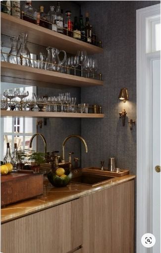 Built In Wet Bar, Wet Bar Designs, Bar Nook, Home Wet Bar, Modern Home Bar, Home Bar Rooms, Upholstered Walls, Home Bar Design, Bar Shelves