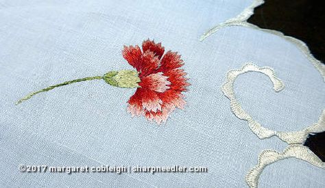 Society Silk carnation. Beautiful shading! Carnation Embroidery Patterns, Embroidery Carnation Flower, Embroidered Carnation, Embroidery Carnation, Carnation Embroidery, Red Carnation, Swift Tour, Carnation Flower, Hand Embroidery Pattern