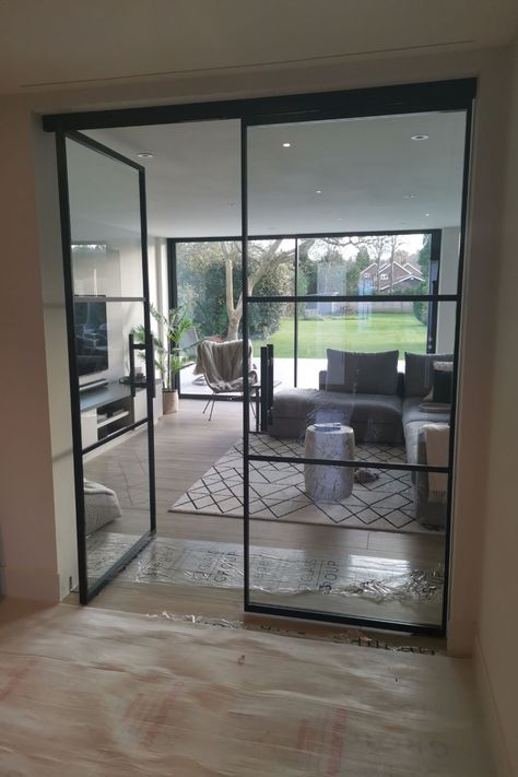 Glass Doors Hallway, Glazed Interior Doors, Internal Glass Window, Internal House Design, Dining Room With Glass Doors, Glass Door Hallway, Glass Doors Interior Living Rooms, Crittle Doors Internal, Living Room Crittal Doors