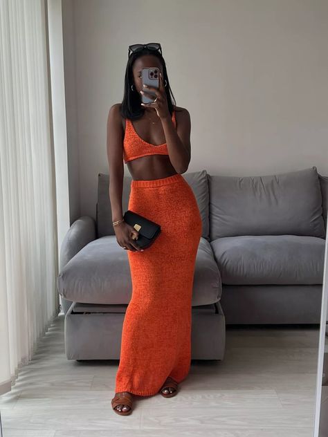 Orange Vacation outfit Orange Vacation Dress, Orange Vacation Outfits, Red Vacation Outfit, Orange Beach Outfit, Orange One-piece For Beach Vacation, Long Orange Cover-up For Vacation, Orange V-neck Maxi Dress For Night Out, Orange V-neck Maxi Dress For Vacation, Orange Maxi Skirt