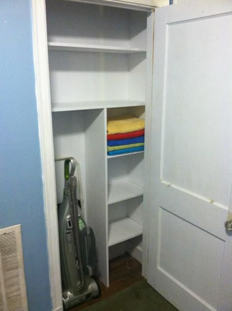 my new shallow closet.  Holds vacuum and towels so far.  Exciting. #dropzone #hallcloset Closet Cleaning Supplies, Broom Closet Organizer, Cloth Closet, Hall Closet Organization, Small Linen Closets, Linen Closet Storage, Coat Closet Organization, Closet Diy, Entry Closet