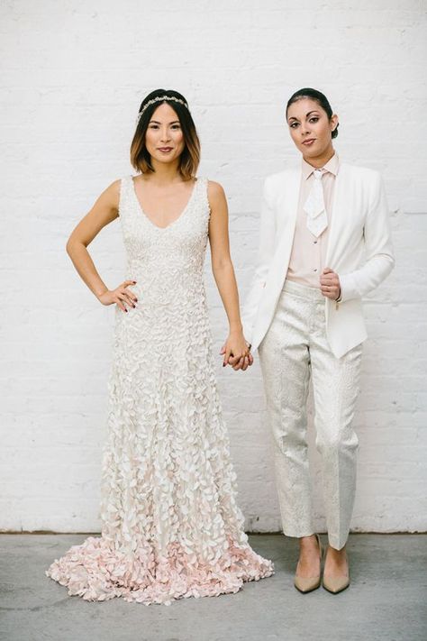 Trans Wedding Brides, Trans Wedding, Aro Spectrum, White Tuxedo Wedding, Queer Weddings, Lgbt Wedding, Lgbtq Wedding, Blush Bride, Lesbian Wedding