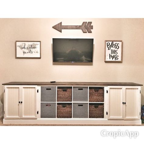 Farmhouse playroom. Ikea Kallax hack. Long playroom storage Tv Console With Toy Storage, Corner Storage Ideas Living Room, Game Storage Ideas Living Room, Farmhouse Kids Playroom, Living Room Decor Ikea, Farmhouse Playroom, Loft Playroom, Ikea Playroom, Loft Area