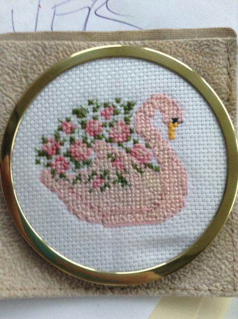 Swan cross stitch compact mirror Cross Stitch Swan, Coquette Cross Stitch, Swan Cross Stitch, Video Pink, Compact Mirror, Swans, Kids Art Projects, Craft Videos, Cross Stitch Designs