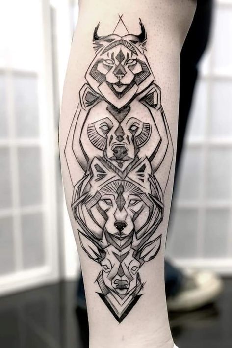 Totem Pole Tattoo, Deer Totem, Grace Tattoos, Pikachu Tattoo, Totem Tattoo, Animal Sleeve Tattoo, Bear Tattoo, 1 Tattoo, Tattoo Design Drawings