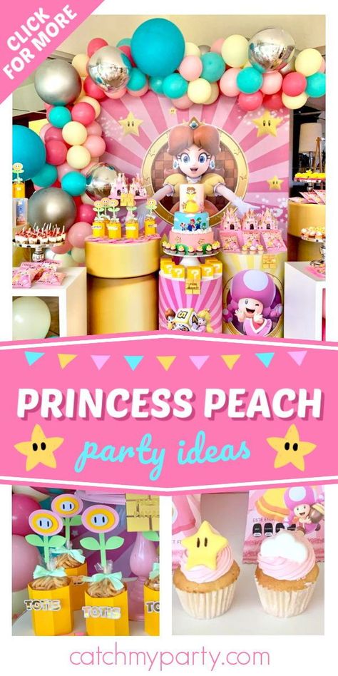 Don't miss this cute Princess Peach Mario Bros party! The dessert table is incredible! See more parties and share yours at CatchMyParty.com Princess Daisy Birthday Cake, Princess Peach First Birthday, Princess Daisy Birthday Party, Princess Peach Birthday Party Games, Princess Peach Themed Party, Princess Peach Birthday Party Food, Princess Peach Centerpiece, Princess Peach Cupcakes, Princess Peach Birthday Party Decorations