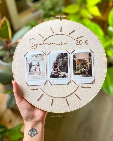 Photo Embroidery Hoop Ideas, Embroidery Hoop With Photo, How To Display Embroidery, Displaying Embroidery, Polaroid Embroidery, Embroidery Hoop Designs, Embroidery Picture Frame, Embroidery Hoop Diy, Embroidery Gift Ideas