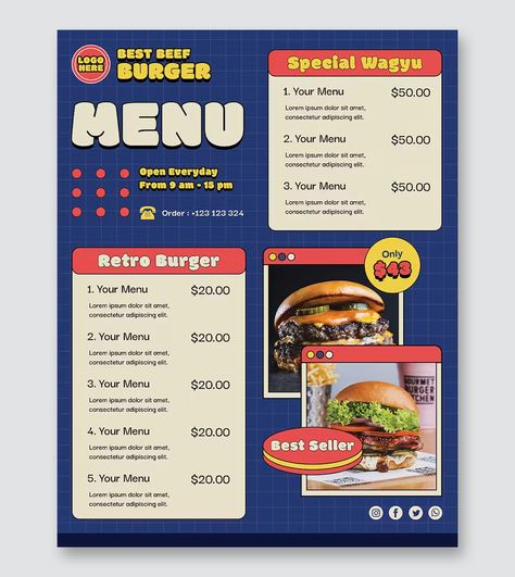 Retro Menu Template PSD Retro Menu Design, Restaurant Menu Design Ideas, Menu Design Layout, Menu Sans Gluten, Wagyu Burger, Cafe Menu Design, Food Menu Template, Menu Design Template, Fair Food