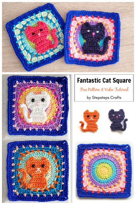 Squiggle Crochet, Fun Granny Squares, Crochet Cat Applique, Crocheted Squares, Crochet Cat Pattern, Crochet Motif Patterns, Crochet Blocks, Haken Baby, Crochet Square Patterns