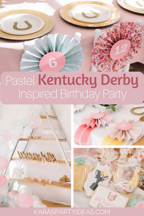 Kara's Party Ideas Pastel Kentucky Derby Inspired Birthday Party | Kara's Party Ideas 1st Birthday Brunch, Kentucky Derby Party Decor, Floral Drip Cake, Kentucky Derby Birthday Party, Derby Party Decor, Birthday Brunch Ideas, Kentucky Derby Birthday, Kentucky Derby Decorations, Kentucky Derby Party Games