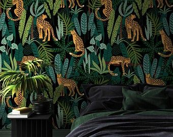 Green tropical peel and stick wallpaper | Etsy Jungle Wall Mural, Leopard Print Wallpaper, Leopard Wall, Wall Graphic, Jungle Wall, Tropical Home Decor, Bohemian Tapestry, Palm Plant, Jungle Wallpaper