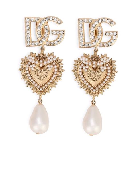 Dolce And Gabbana Earrings, Generator Accessories, Romantic Mood, Girl Things, Heart Logo, Earrings Pearl, Dolce E Gabbana, Crystal Embellishment, Gold Drop Earrings