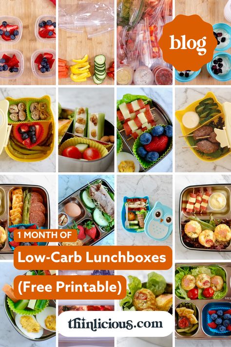 Low-Carb Lunches for Kids: 1-Month Of Ideas PRINTABLE list.: STOP figuring out what to put inside low-carb lunches for kids ... we&apos;ve got 20 ideas perfect for school days PLUS bonus FREE printable list. Low Fat Meal Prep, Carb Free Lunch, Healthy Lunch To Go, Lunches For Kids, Keto Lunches, Keto Board, Spring Lunch, Low Carb Food List, Low Carb Meal Plan