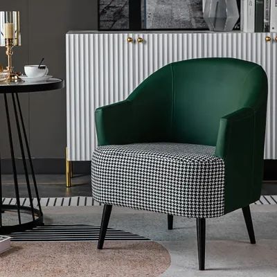 Modern Houndstooth Accent Chair Arm Chair in Green with Linen Upholstery Pattern Accent Chair, Green Accent Chair, Recliner With Ottoman, Green Upholstery, Living Room Upholstery, Velvet Accent Chair, Leather Accent Chair, Modern Accent Chair, Leather Lounge