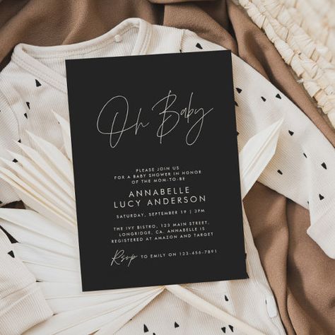 Baby shower script modern black white elegant for $2.92 - Baby Shower Invitations All Black Baby Shower Theme, Dark Baby Shower Ideas, Moody Baby Shower Ideas, Black And White Baby Shower Ideas, Black Baby Shower Ideas, Shower 2023, Announcement Pictures, Baby Shower Announcement, Baby Announcement Pictures