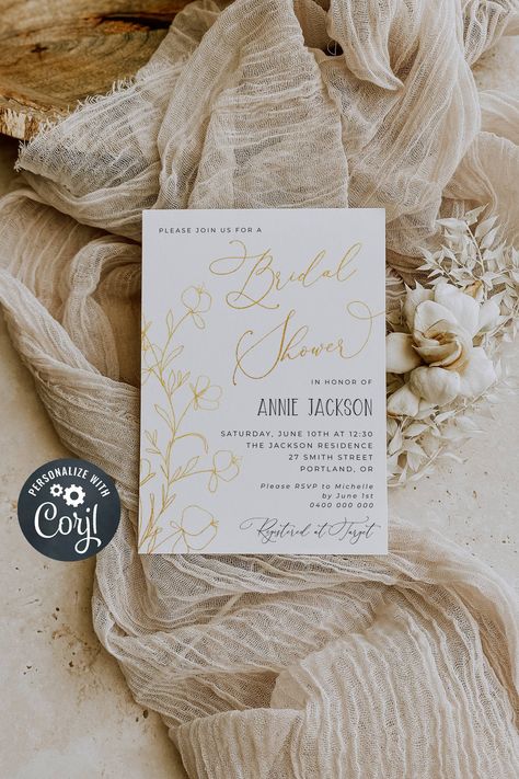 Gold Floral Bridal Shower Invitation Template, Printable Modern Minimalist Bridal Shower Invite, Editable Elegant Shower, Instant Download #bridalshower #bridalshowerinvite #showerinvitation #floralbridalshower #goldbridalshower #minimalistinvite Shower Items, Baby Shower Invitaciones, Invitation Pink, Bridal Shower Invitations Templates, Invitation Floral, Invitation Baby Shower, Baptism Invitations, 1st Birthday Invitations, Baby Sprinkle