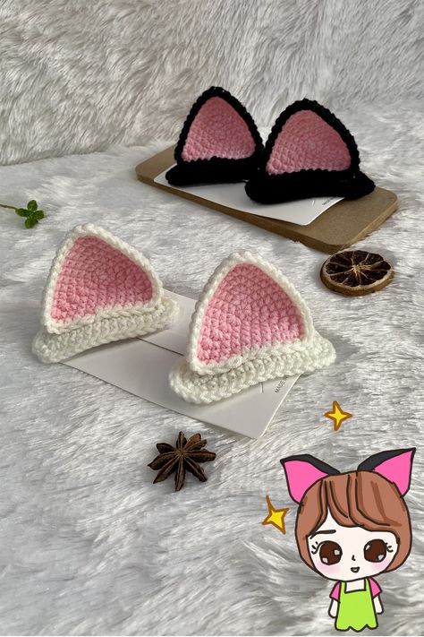 Crochet Cat Ear Hair Clip, Crochet Accessories Cute, Crochet Cat Ears Pattern, Crochet Cat Hair Clip, Amigurumi Cat Ears Free Pattern, Cute Crochet Hair Clips, Cat Ear Crochet Pattern, Easy Crochet Hair Accessories, Crochet Ear Bud Case