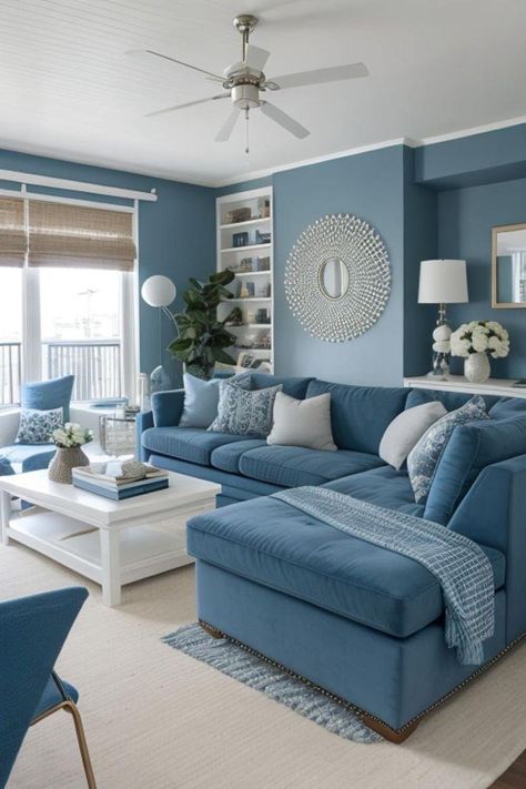 Living Room Blue Sofa Colour Schemes, Color Couch Living Room, Blue Interior Design Living Room, Light Blue Sofa Living Room, Living Room With White Couch, Blue Living Room Color Scheme, Blue Furniture Living Room, Light Blue Living Room, Blue Sofa Living