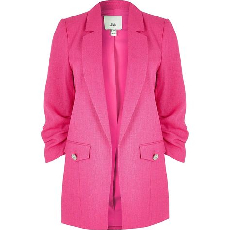 Bright pink ruched sleeve blazer Blazer Rosa, Girly Clothes, Meeting Outfit, Ruched Sleeve Blazer, Blazer Outfits For Women, Ladies Blazer, Stage Outfit, Ruched Sleeve, Women's Blazers