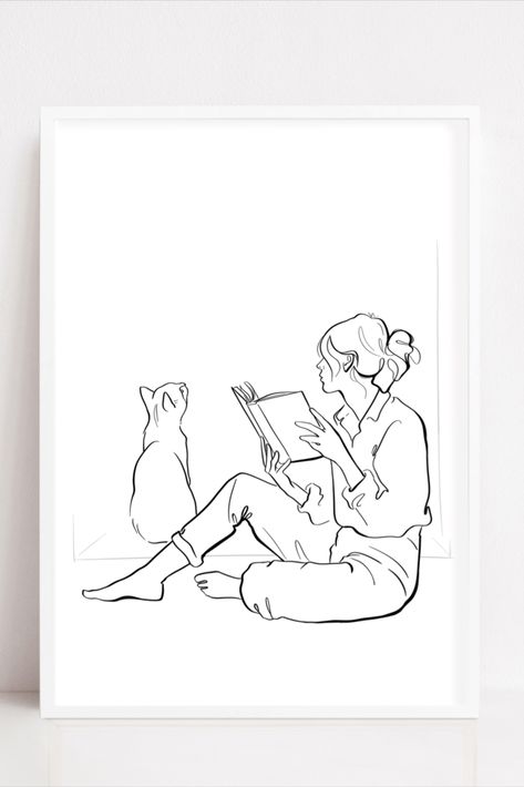 Printable A Black And White Outline Art A Reading Girl wit Her Cat, Minimal Poster, Digital Art, Book Lovers Reading Sketch Drawings, Drawings For Book Lovers, Bookworm Drawing Art, Two Female Lovers Art, Cats And Books Illustration, Girl Reading Book Illustration Art, Girl Reading Book Tattoo, Cat And Girl Drawing, Reading Drawing Easy