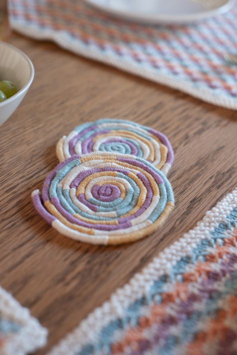 DIY: Yarn Wrapped Coasters – Design Team Blog Yarn Coasters, Coasters Design, Mattress Stitch, Diy Drinks, Diy Yarn, Cord Wrap, Crafts For Seniors, Coaster Design, Yarn Bowl