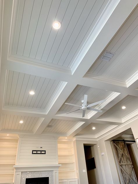 Coffered Beadboard Ceiling, Modern Farmhouse Coffered Ceiling, Beach House Ceiling Beams, Rustic Coffered Ceiling Ideas, Coffered Ceiling With Shiplap, Custom Ceiling Ideas, Tongue And Groove Ceiling Kitchen, Inexpensive Ceiling Ideas, Shiplap Ceiling Living Room