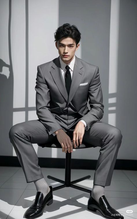 Man In Suit Full Body Reference, Guy In Suit Pose, Suit Sitting Pose, Man In Suit Portrait, Asian Men In Suits, Suit Poses For Men, Masculine Photoshoot, Guy Suit, Korean Men Suit