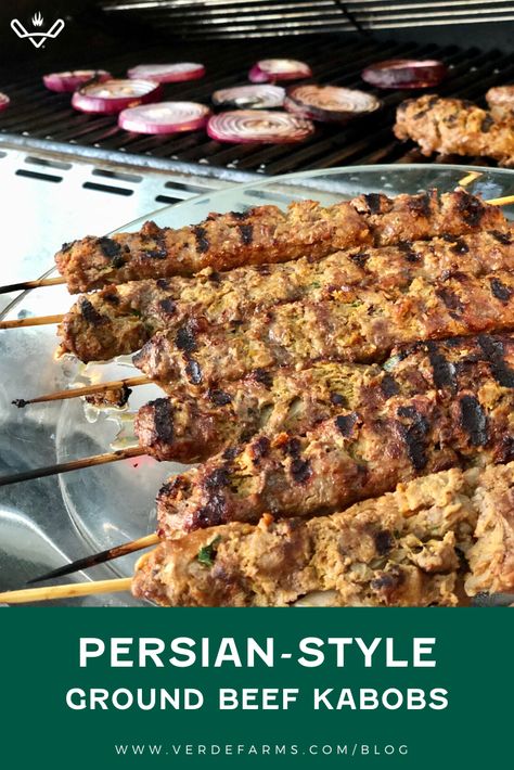 Persian Beef Kabob, Middle Eastern Kabob Recipes, Ground Beef Kabobs On The Grill, Ground Beef Kabob Recipes, Mediterranean Beef Kabobs, Ground Beef Kebab Recipes, Grilled Ground Beef Recipes, Ground Beef Mediterranean Recipes, Kefta Kabob Recipe