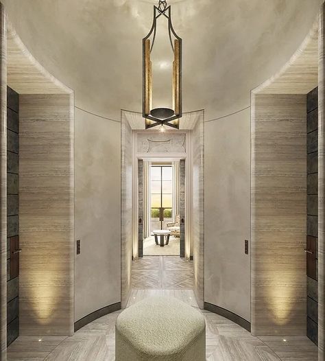 Elegant Entrance Hall, Elegant Entrance, Corridor Design, Minimal Living Room, Travertine Floors, Gold Starburst, Entrance Design, Neutral Interiors, Inspiring Spaces