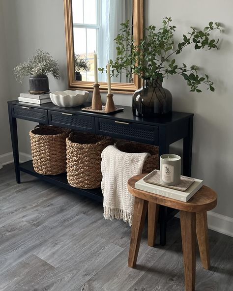 Tall stool is in stock! Styled this console table last year but some items are available. If it isn’t available, I linked similar items. Comment “stool” and I’ll send all the links 🫶🏻 ✨ follow @christingracehome for more home and home decor #homedecor #homestyle #homedecoration #consoletable #consoletabledecor #consoletablestyling #entrywaydecor #entry #entryway #interiordesign #interiorforinspo #interiordesigninspo #livingroom #livingroomdecor #target #targetstyle #targetfinds Modern Transitional Office, Black Console Table Decor, Wood Living Room Decor, Black Entryway Table, Apartment Decorating Black, Comfy Living Room Decor, Entry Table Decor, Console Table Styling, Black Console Table