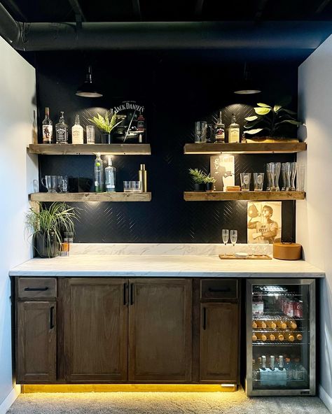 Floating Basement Bar, Over Bar Shelving, Basement Bar Liquor Display, Small Bar With Floating Shelves, Floating Shelves Basement Bar, Wet Bar Floating Shelves Ideas, Basement Bar On Wall, Diy Bar Ledge On Wall, Basement Bar Against Wall