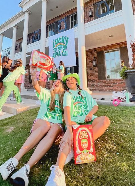 Lucky Charm Sorority, Lucky Me Sorority Theme, Lucky Charms Sorority Theme, Lucky Charms Outfit, Lucky Me Bid Day, Lucky Charms Bid Day, Lucky Charms Costume, Work Week Themes Sorority, Alpha Chi Omega Bid Day