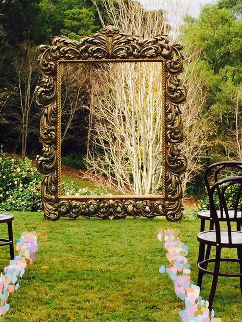 Giant ornate gold frame backdrop for your sunshine Coast, Queensland, Australia wedding.  www.dreamweddingceremonies.com.au Fairytale Photo Backdrop, Diy Frame Backdrop, Giant Frame Ideas, Bridgerton Backdrop, Gold Frame Backdrop, Picture Frame Backdrop, Giant Picture Frame, Victorian Backdrop, Gold Photo Backdrop