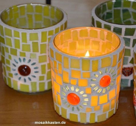 Mosaic Candle Holders Diy, Mosaic Art Supplies, Mosaic Candle Holders, Mosaic Bathroom Tile, Mosaic Candle, Mosaic Art Diy, Mosaic Rocks, Mosaic Pots, Mosaic Vase