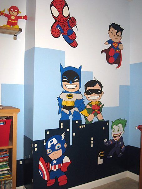 Super Hero Decor Room, Marvel Wall Painting, Boys Bedroom Mural Ideas, Superhero Wall Painting, Superhero Mural, Superhero Wall Mural, Super Hero Room Ideas, Super Hero Wall Art, Super Hero Room