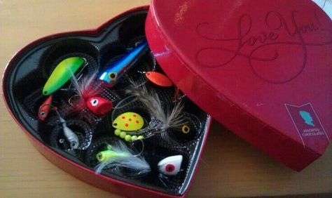 Use a valentine's heart chocolate box and fill it with new fishing equipment for him Gifts For Boyfriend Long Distance, Heart Chocolate, Special Gifts For Him, Box Chocolate, Tiny Gifts, Bf Gifts, Best Gifts For Him, Fisherman Gifts, Diy Gifts For Boyfriend