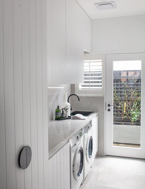 Brighton East Project - Faucet Strommen Faucet Strommen, Contemporary Laundry, Monochrome Home, Laundry Room Tile, Laundry Makeover, White Laundry Rooms, Pantry Laundry, Dream Laundry Room, White Laundry